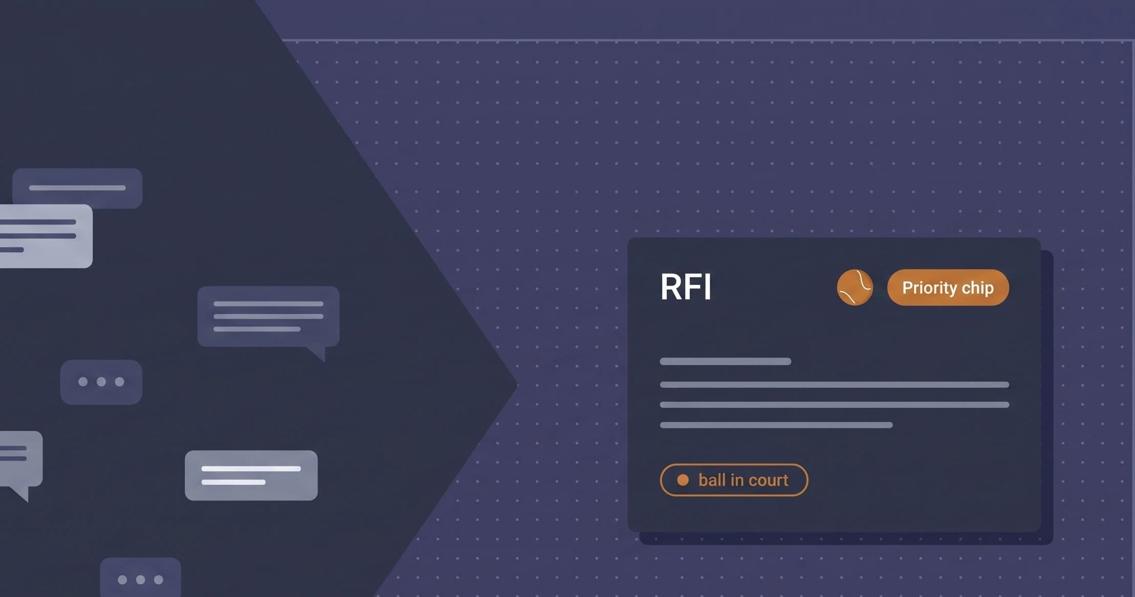 An RFI list showing ball in court, priority, and response dates for open queries