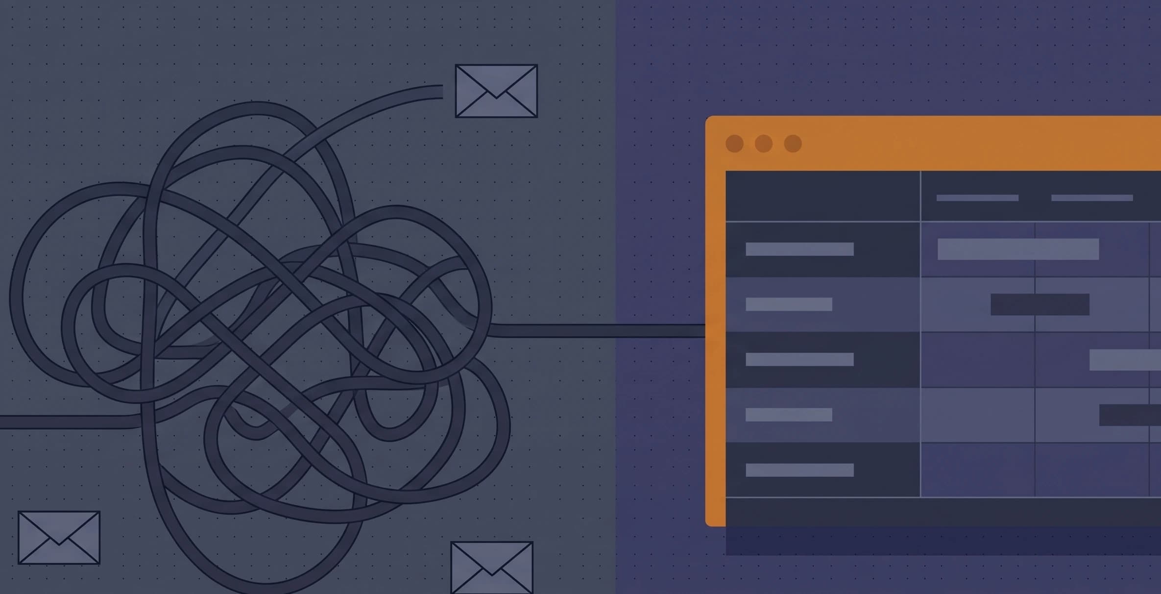 An overflowing email inbox on one screen beside a clean project document register on another