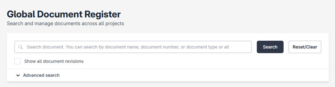 The Global Document Register listing documents from several projects in one table