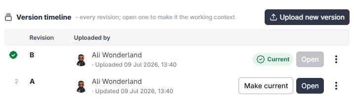 The Versions tab on a document details page listing v1 and v2 with their revision labels and one marked Current