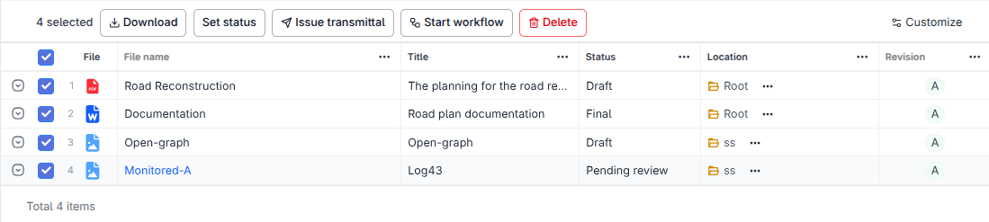 Several register rows selected with the bulk actions bar showing Download, Update status, and Delete