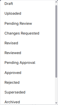 The Update status dialog open over the register with a status chosen for the selected documents