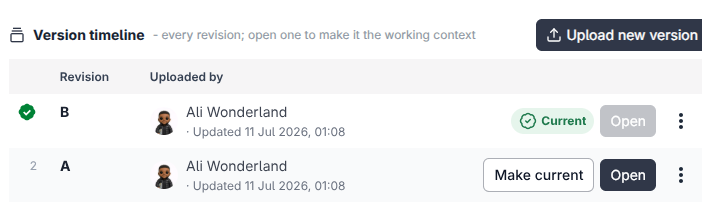 The Versions list showing the newly uploaded version at the top with its version number assigned automatically