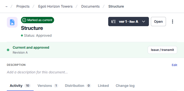 A document details page with the Activity, Versions, Distribution, Linked, and Change log tabs visible