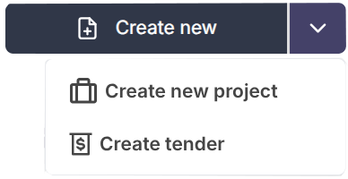 The Create new menu open in the sidebar showing Create new project and Create tender