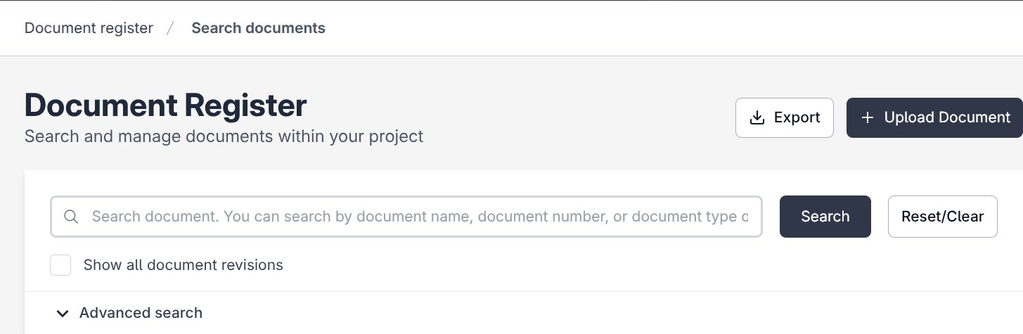 The Upload files panel in the project document register with files listed for registration