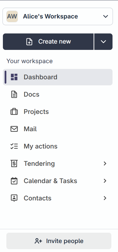The fluxems sidebar with the workspace switcher at the top and the module list below