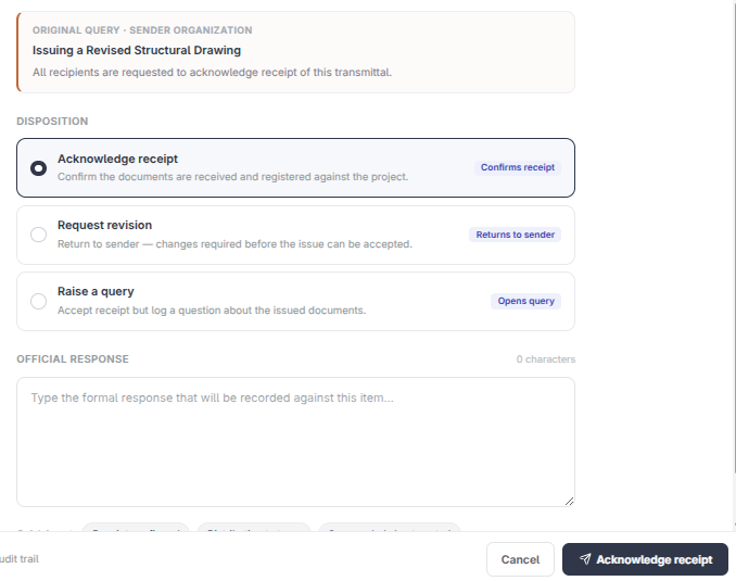 The Respond options for a transmittal showing Acknowledge, Request revision, and Raise query