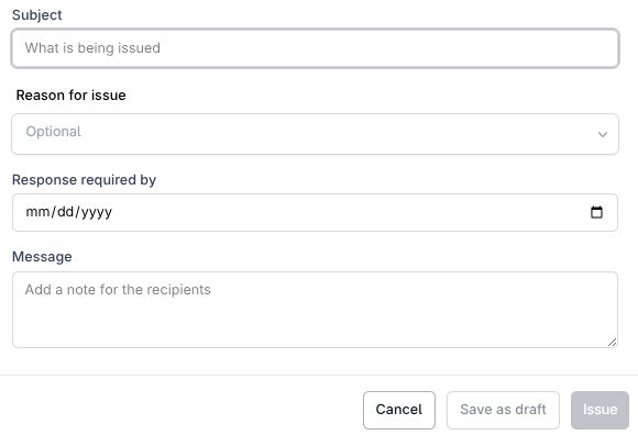 The issue transmittal modal with subject, reason for issue, and response required by filled in